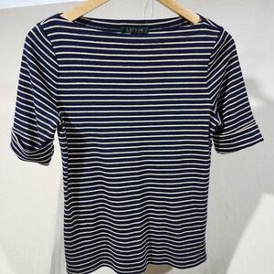LAUREN Ralph Lauren Women's‎ M Striped Metallic Gold & Navy Boatneck TShirt Top